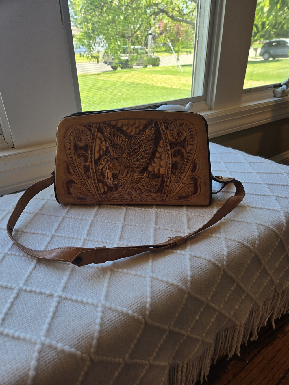 Hand-Tooled Brown Leather Shoulder Bag with Eagle Motif